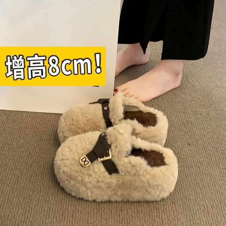 8cm增高厚底加绒包头毛毛拖鞋女外穿2025秋冬新款小个子棉拖鞋子