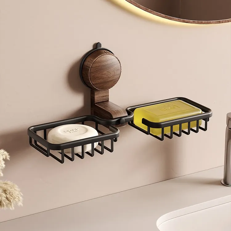 家用吸盘胡桃木双吸盘肥皂盒沥水免打孔壁挂式置物架轻奢浴室皂蝶