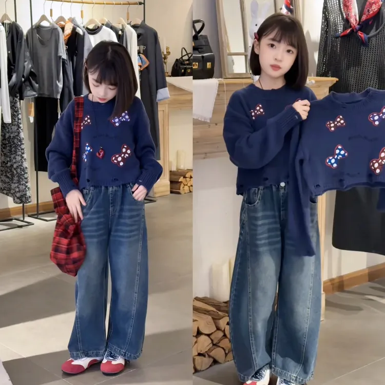 女童秋季新款破洞蝴蝶结毛衣牛仔阔腿裤套装儿童春秋洋气两件套潮