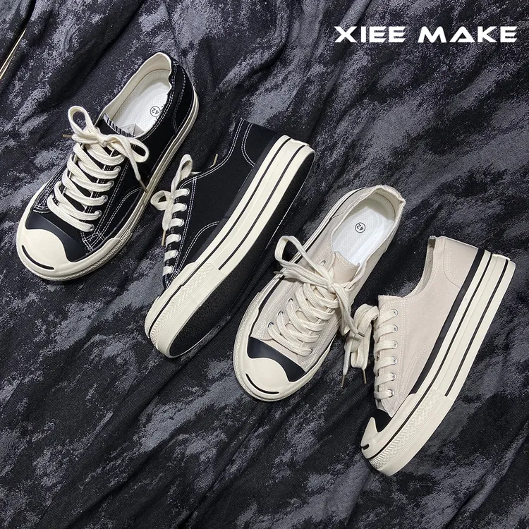 XIEE MAKE 经典开口笑帆布鞋子男小白鞋透气硫化厚底休闲运动板鞋