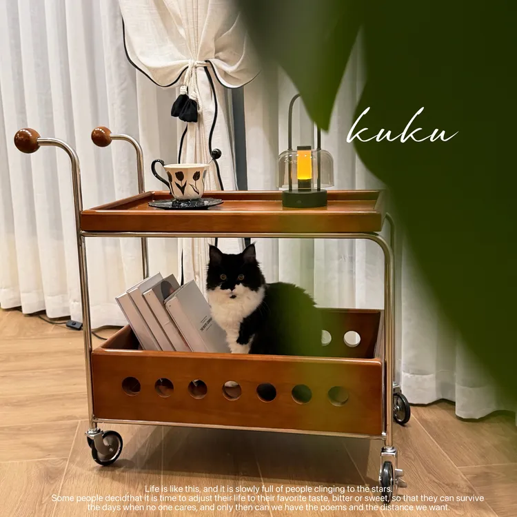 中古风设计师可移动多功能小推车小户型纯实木茶几边几刹车轮储物