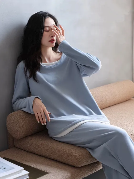 睡衣女秋冬款冬季假两件海岛绒家居服蓝色高级感法兰绒套装珊瑚绒