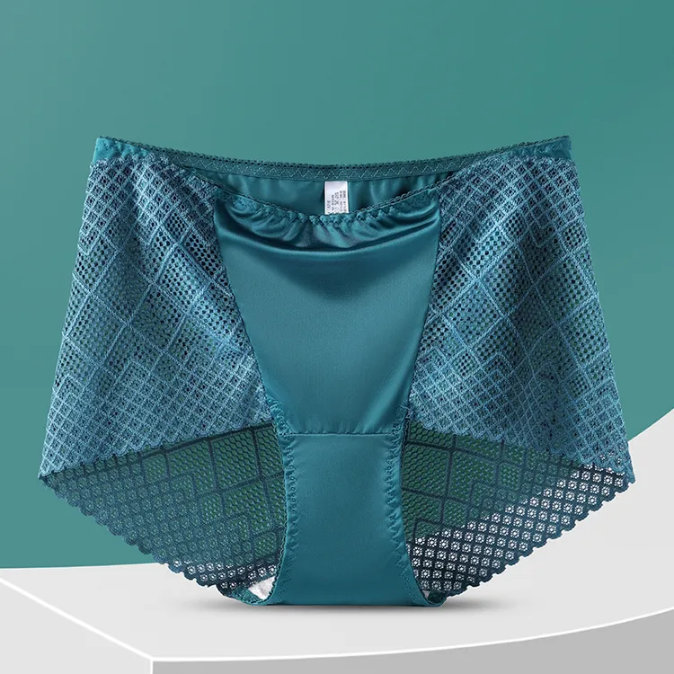 加肥大码高腰女士内裤性感无痕冰丝拼接收腹提臀镂空蕾丝舒适棉档