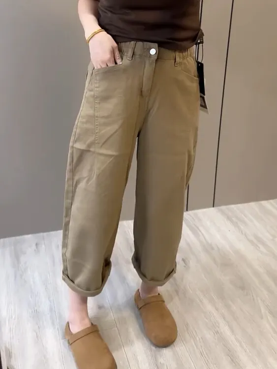 2026春秋新款高腰卡其色牛仔裤女大码宽松显瘦百搭九分直筒烟管裤