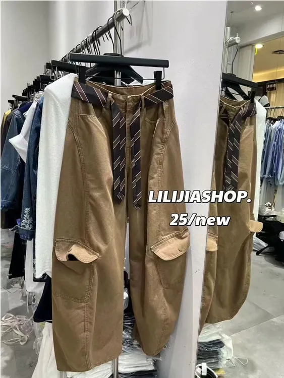 十三行女装2025早秋新款美式复古百搭宽松纯色配腰带直筒工装裤女