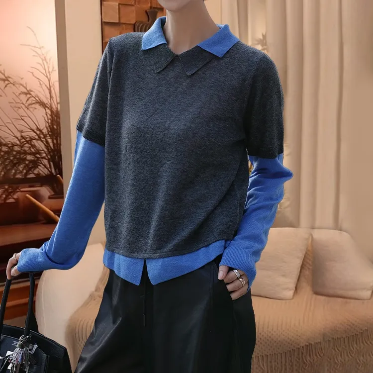 韩系减龄设计感假两件针织衫女早秋新款轻薄透气慵懒显瘦拼色上衣