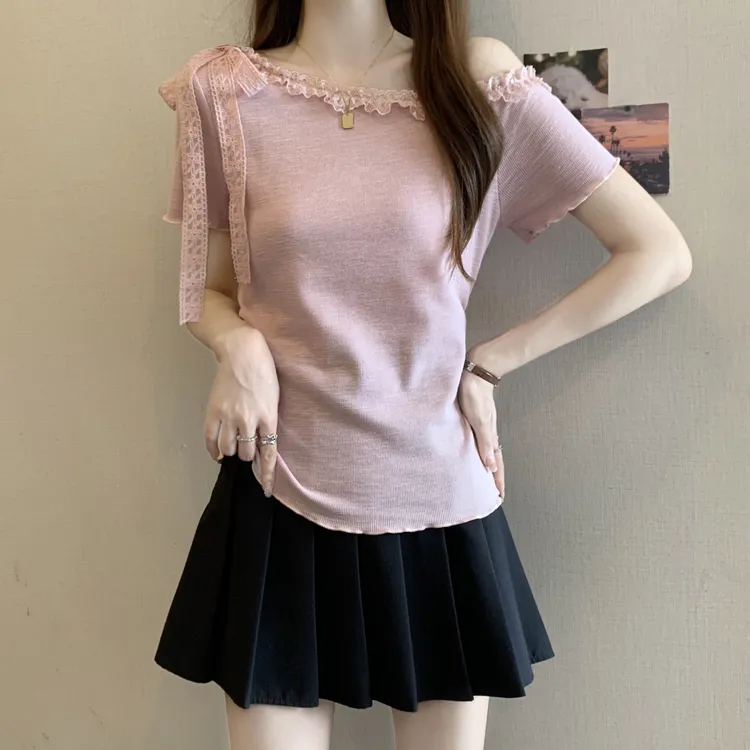 大码胖mm夏季新款甜美露肩收腰纯欲遮肚显瘦打底衫短袖T恤上衣