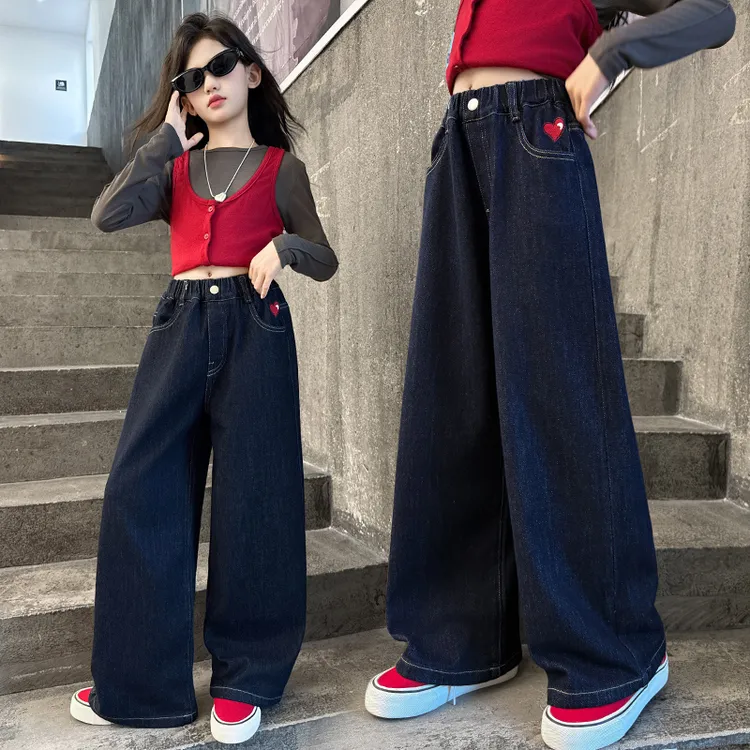 女童裤子春秋款2025新款儿童休闲牛仔裤女孩中大童秋装直筒阔腿裤