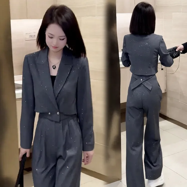 休闲套装女2025春秋新款时尚百搭高级感西装领上衣+阔腿两件套