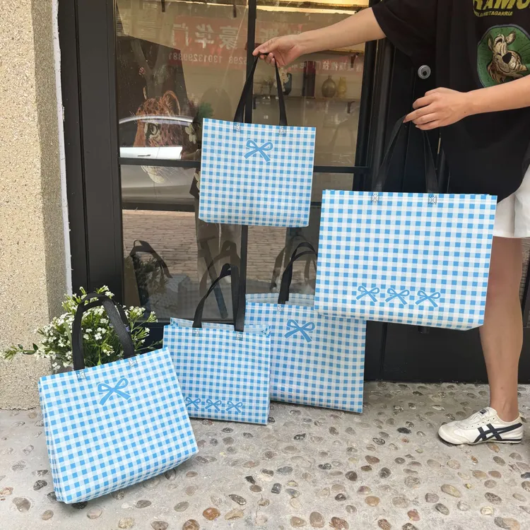 蓝格子覆膜无纺布袋服装店袋子手提袋加厚礼品袋包装袋蝴蝶结定制