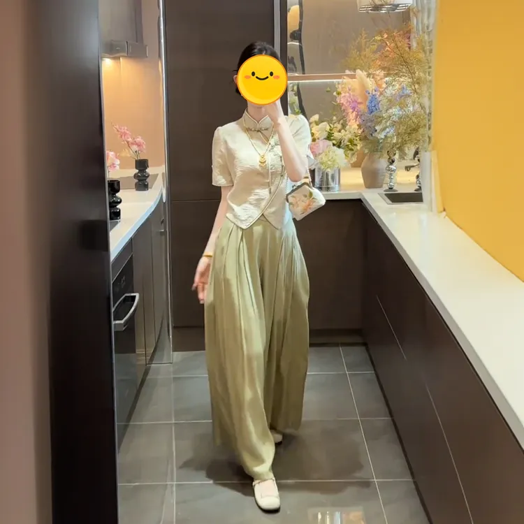 新中式国风斜开襟绿色盘扣流苏上衣百搭高腰休闲阔腿裤两件套女