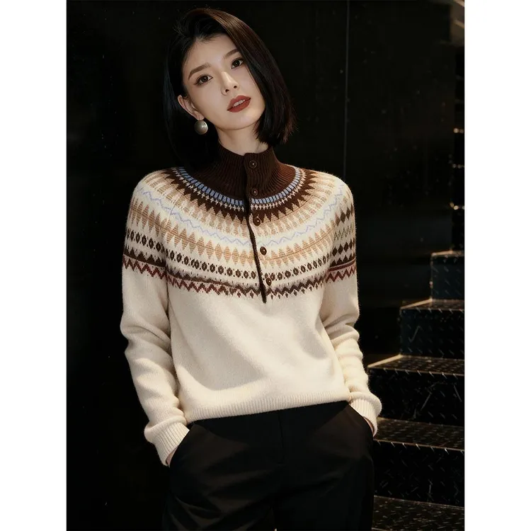 费尔岛提花立领针织衫女秋冬新款慵懒风软糯宽松显瘦内搭毛衣上衣