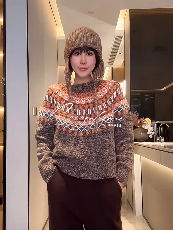 韩彬彬"挪威"100绵羊毛费尔岛系列设计撞色百搭针织毛衣3051-6