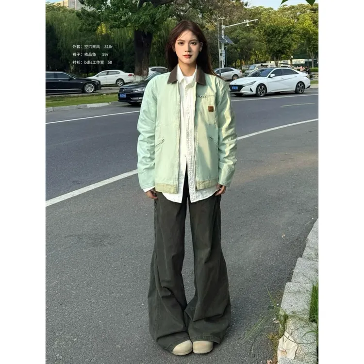 美式复古浅绿色工装夹克男女款秋季底特律翻领外套cleanfit棒球服