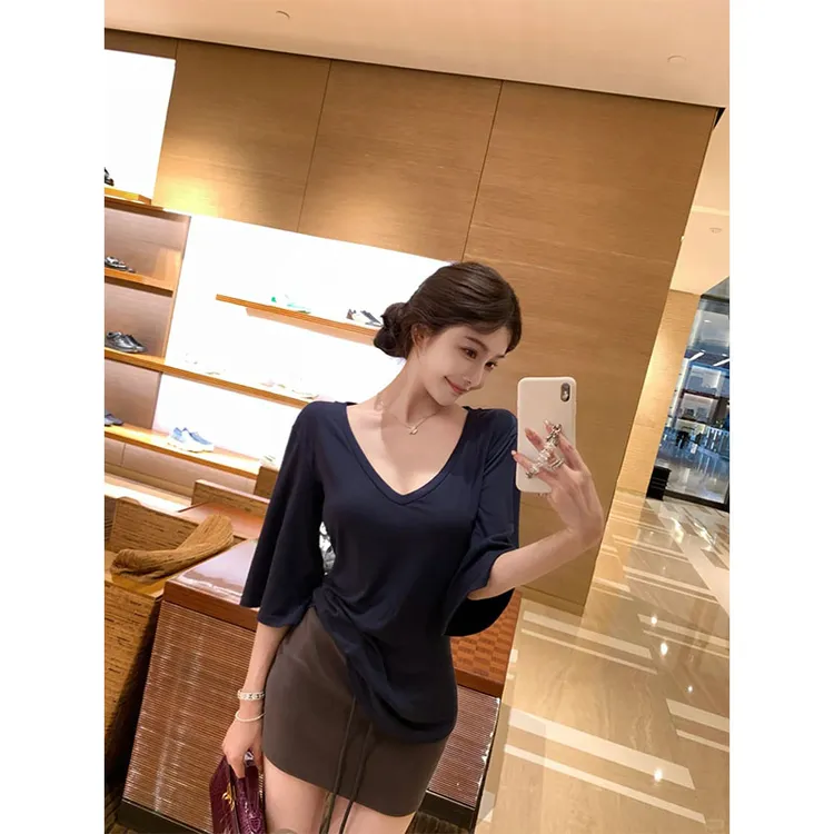 韩系御姐范休闲百搭时尚气质V领短袖T恤上衣高腰包臀半身裙短裙女