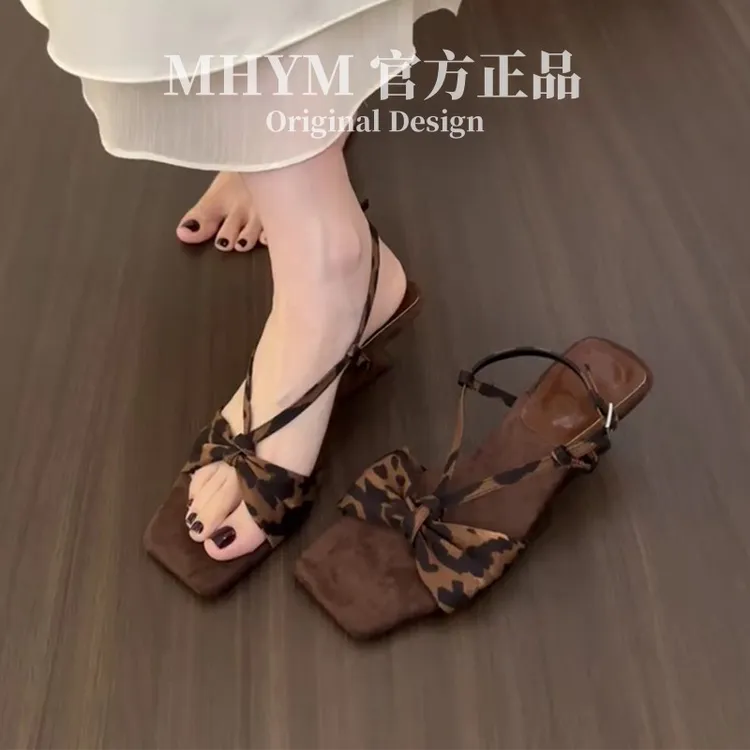 MH官方法式高级感豹纹细跟高跟鞋女夏季气质方头女蝴蝶结凉鞋
