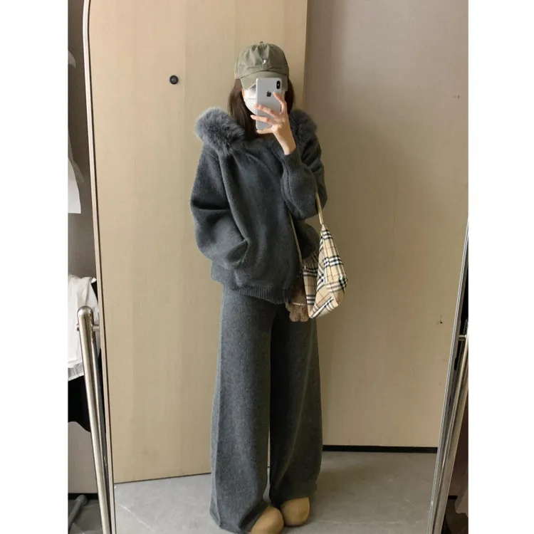 7763休闲慵懒风套装上衣秋冬新款日常通勤穿搭舒适针织连帽两件套