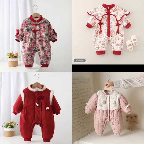 婴儿新年装加绒加厚连体衣冬装衣服宝宝百天周岁礼服红色喜庆爬服