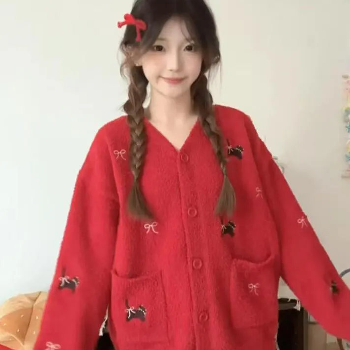 侘町2025家居服新款蝴蝶结猫咪刺绣三件套加厚羽毛纱可外穿女睡衣