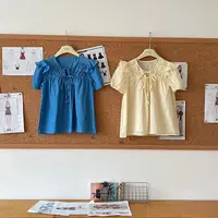 赵小小【韩系ins】夏季新款荷叶边宽松系带V领泡泡袖短袖衬衫27319
