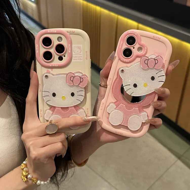 欧克里里粉色Kitty化妆镜适用苹果16手机壳泡芙华为oppo小米vivo