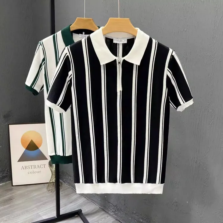 夏季撞色条纹polo衫男短袖半拉链针织衫痞帅修身t恤冰丝休闲上衣