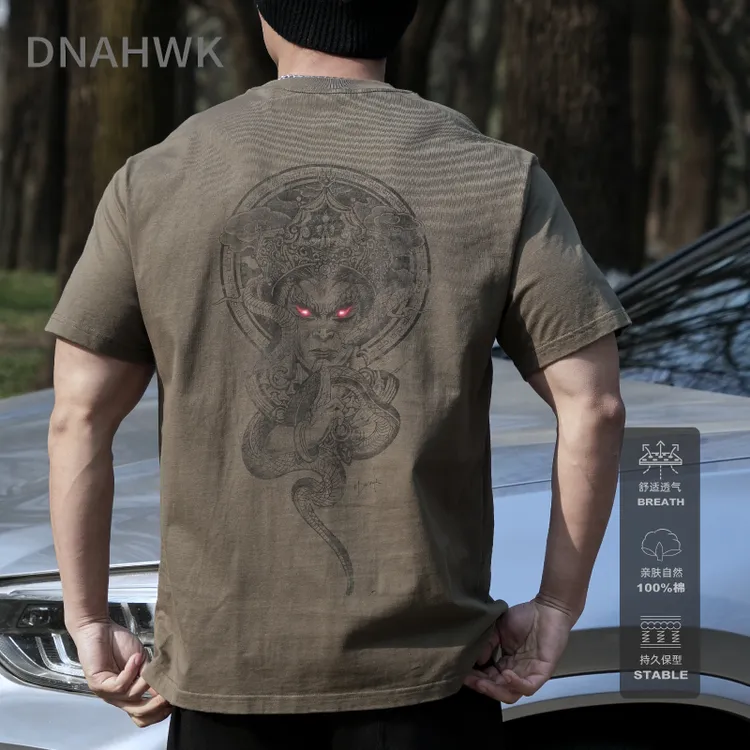 DNAHWK原创手绘不动明王健身运动国潮中国风纯棉修身短袖纯棉圆领