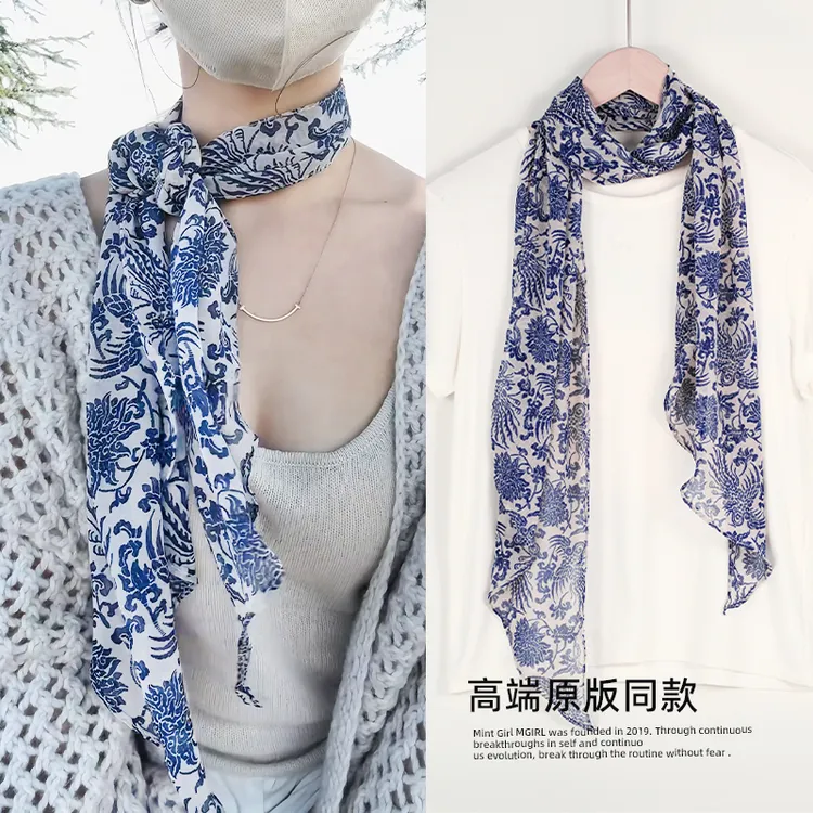 青花瓷丝巾系脖高级感2025新款挂脖飘带领巾搭配颈饰韩式丝带脖饰