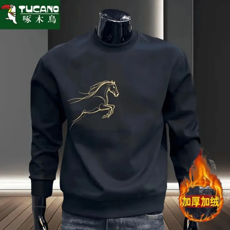 啄木鸟卫衣男士宽松新款春秋园领套头加绒加厚时尚百搭休闲卫衣男