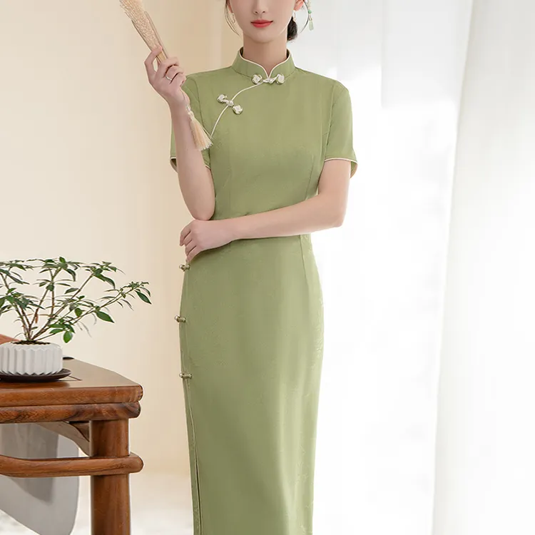 高端新中式旗袍绝美民国风夏季2025新款老上海日常长款晚礼服绿色