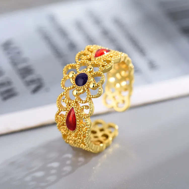 925银戒指 新款花纹四叶形珐琅戒指开口女新中式招财高级感时尚款