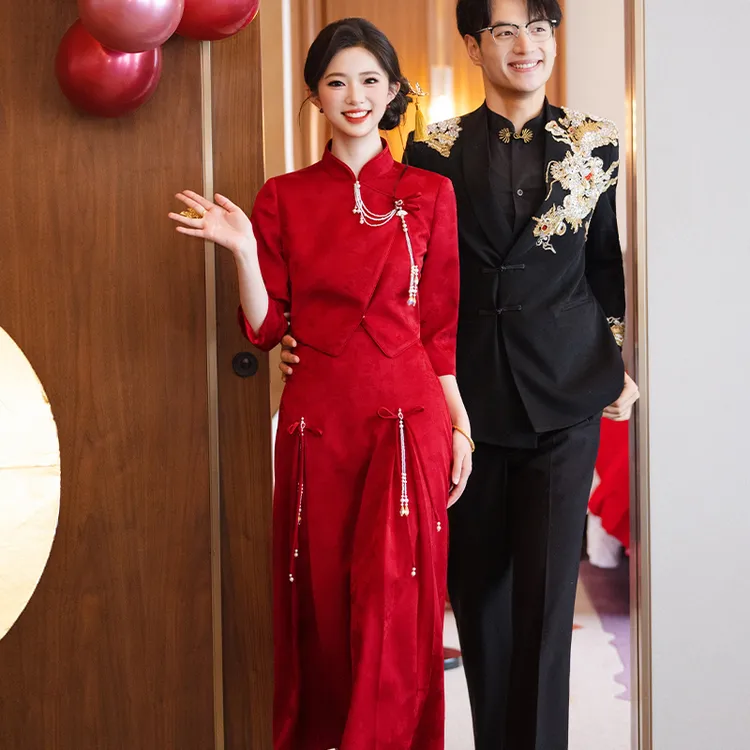 红色长袖新中式订婚接亲2025新款显瘦敬酒宴会礼服新娘结婚中国风