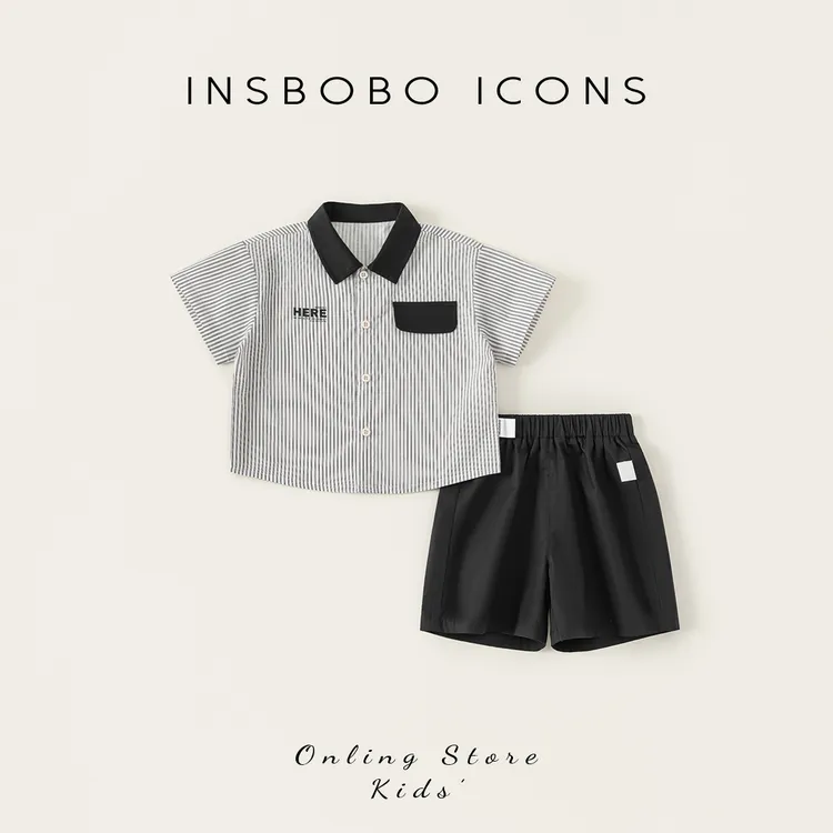 INSbobo儿童休闲套装翻领条纹假口袋上衣夏季纯色休闲短裤XT85100
