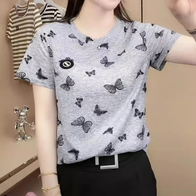 冰丝薄款夏季宽松蝴蝶印花短袖时尚气质遮肚显瘦洋气打底T恤上衣