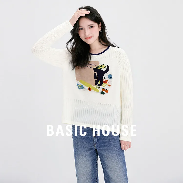Basic House/百家好百搭休闲卡通印花长袖圆领针织衫-B0625B5IZZ2