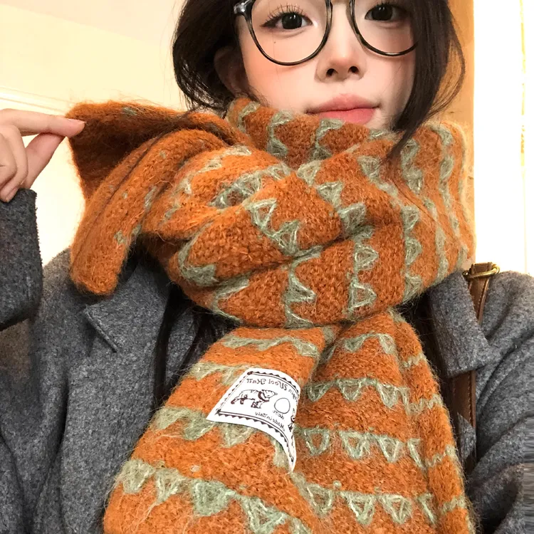 含羊毛南瓜色条纹针织毛线围巾女秋冬韩系氛围感保暖加厚防寒围脖
