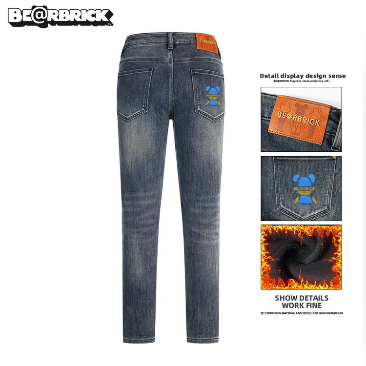 积木熊Be@rbrick【明星同款】加绒男士牛仔裤秋冬季彩绘印花设计感
