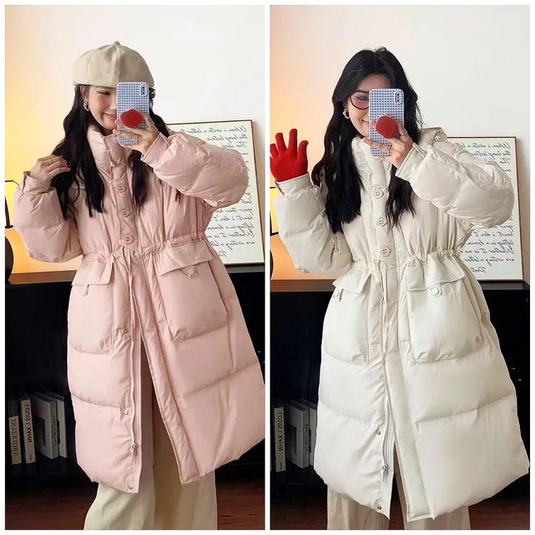90白鸭绒2025冬季新款韩版过膝连帽中长款羽绒服女收腰显瘦加厚白