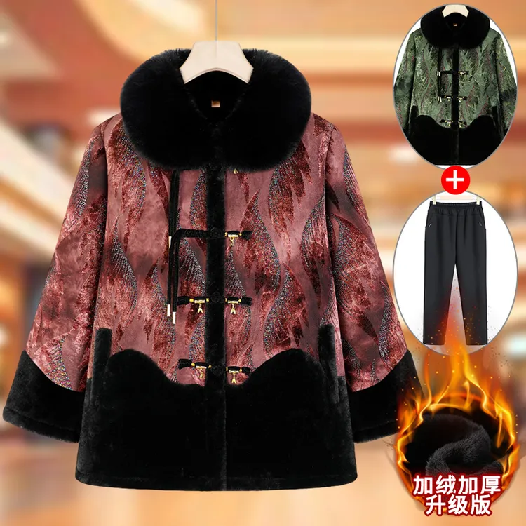 中老年人棉衣女奶奶装冬装棉袄妈妈毛领棉服加绒加厚老太太中国风