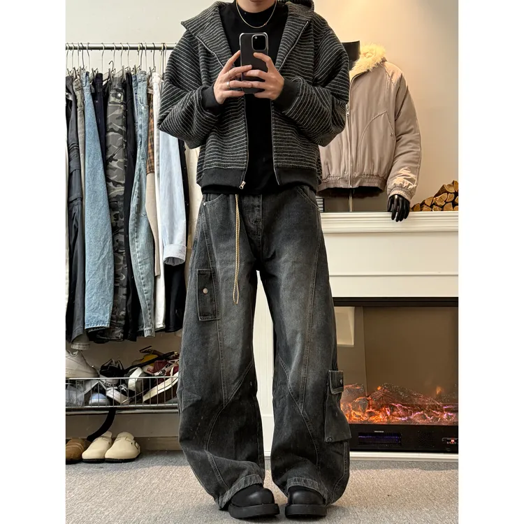 CZ2美式复古重磅弯刀裤水洗做旧男女宽松休闲中性风工装牛仔长裤