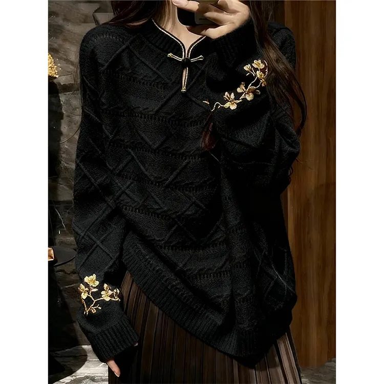 新中式国风毛衣女秋冬2025新款高端时髦洋气巨好看内搭印花针织衫