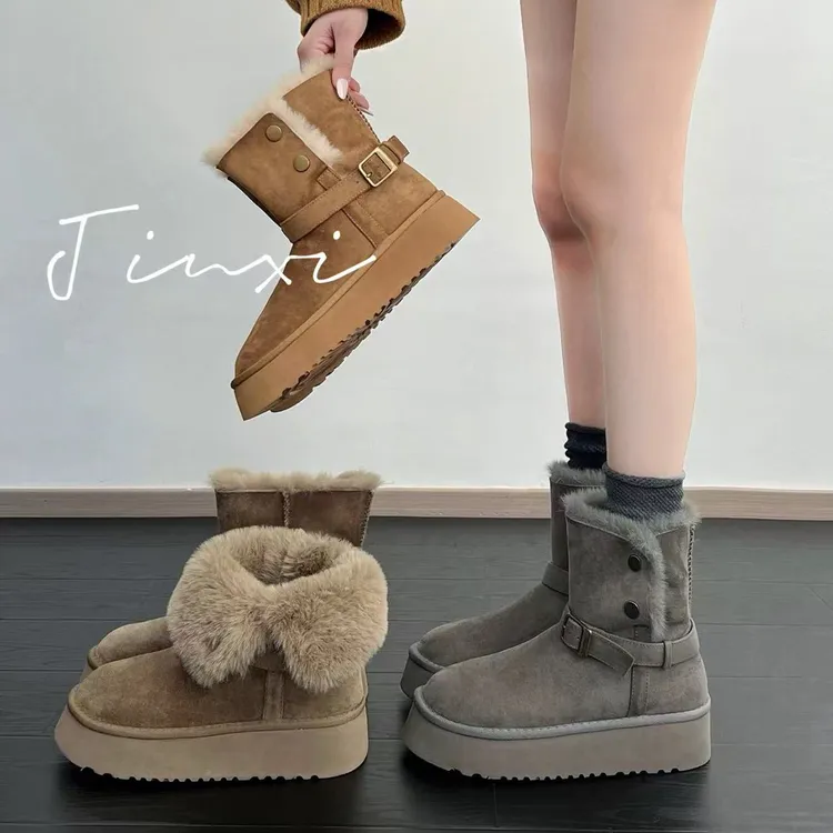 扣带厚底真毛翻边保暖棉鞋跟高5厘米短靴-HGX2511313