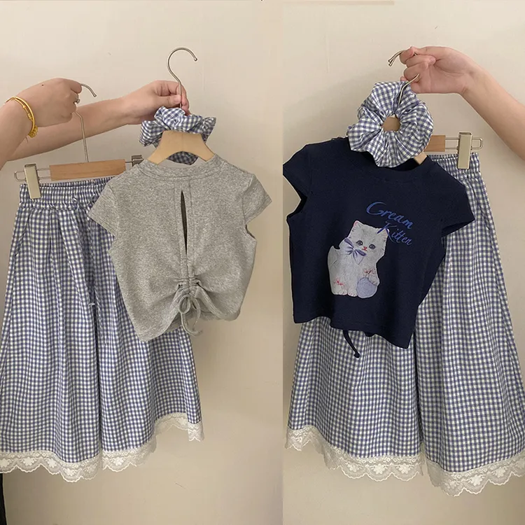 女童套装2025新款百搭格子阔腿裤儿童夏季时尚高级短袖两件套衣服