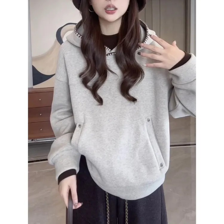 新款韩系INS风宽松口袋加绒连帽卫衣女设计感时尚洋气休闲上衣