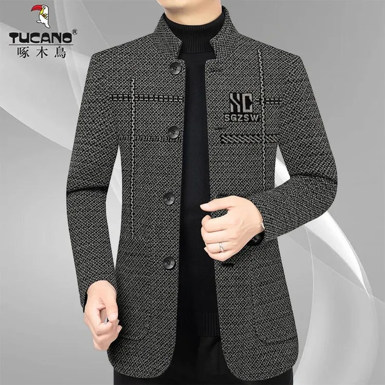 啄木鸟男士外套秋冬季立领保暖防寒服毛呢夹克男中年男士高档外套