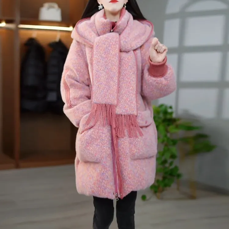 洋气粗花呢连帽棉服女2025秋冬利落版型日常穿搭利落通勤实用保暖