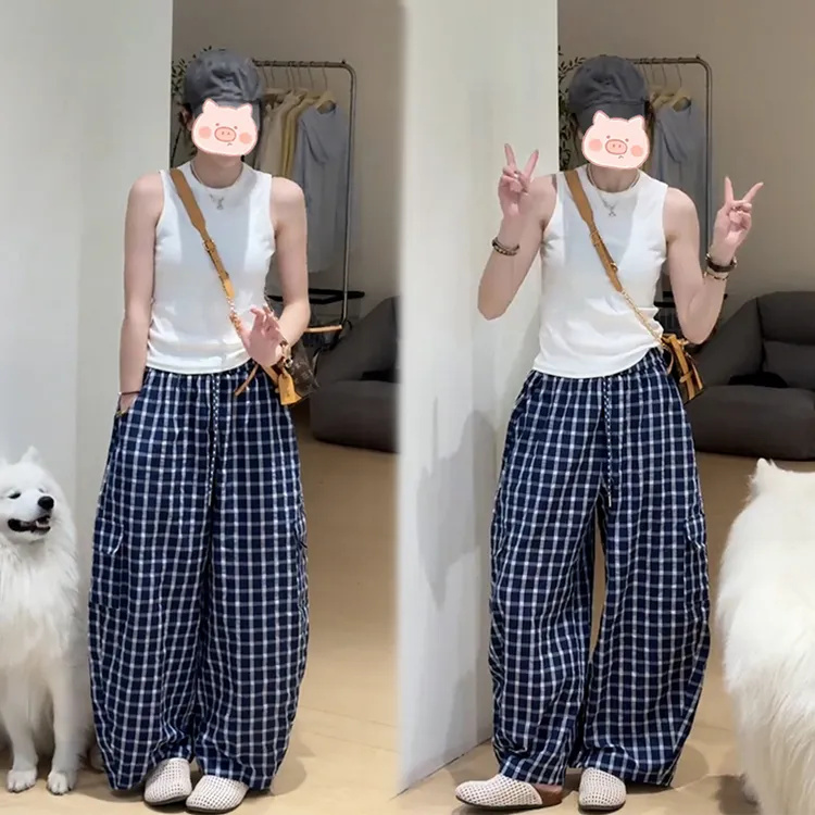 2025年夏季韩系新款穿搭百搭无袖上衣设计搭配网格休闲裤套装女潮
