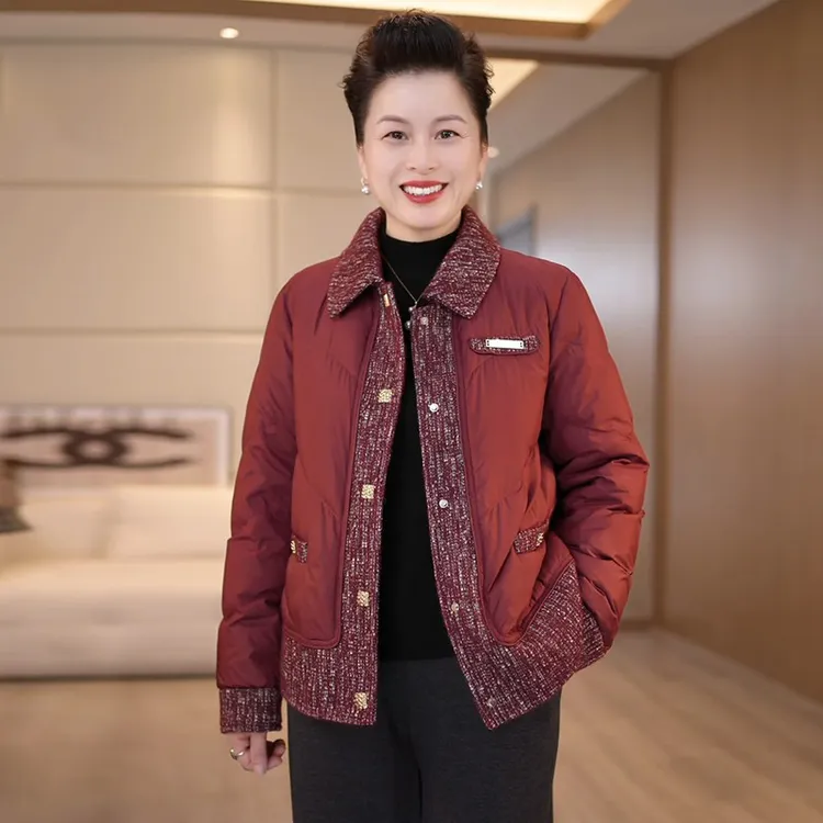中年妈妈翻领加厚棉服冬装洋气60多岁小香风保暖上衣中老年人外套