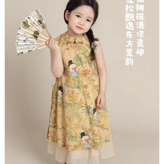中小女童中式国风套装夏季甜美可爱唐风开叉旗袍网纱半身裙潮