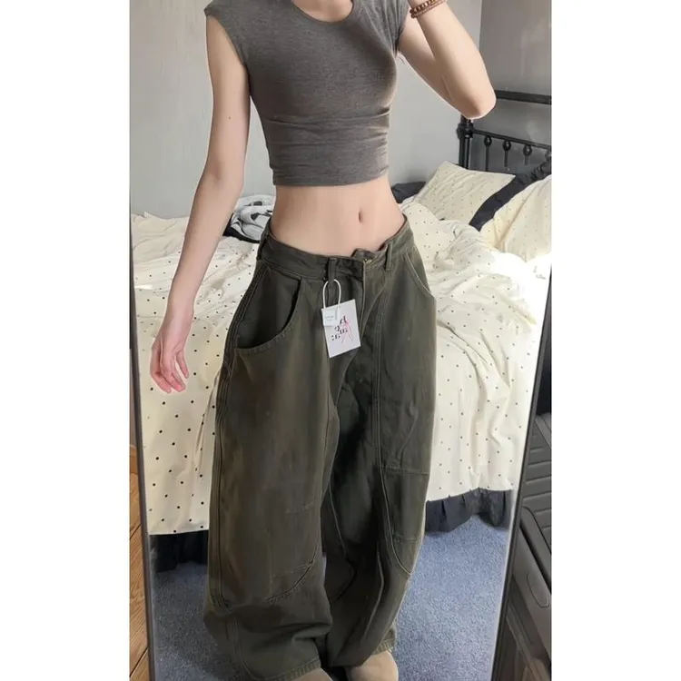 175高个子加长170美式军绿色弯刀裤女夏季高腰宽松镰刀阔腿拖地裤